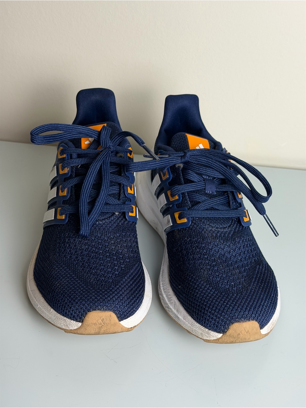 Adidas Boy’s Navy Blue Knit Sneakers With White & Tan Accents